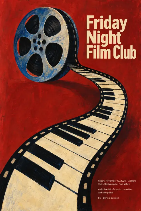 Polish Poster School style poster for a fictional event called Friday Night Film Club
