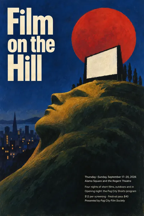 Polish Poster School style event poster for a fictional festival: Film on the Hill