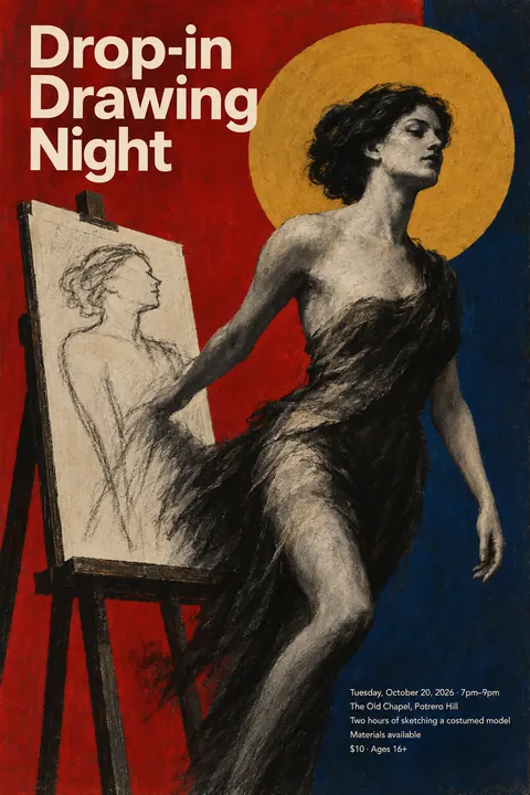 Polish Poster School style poster for a fictional event called Drop-in Drawing Night