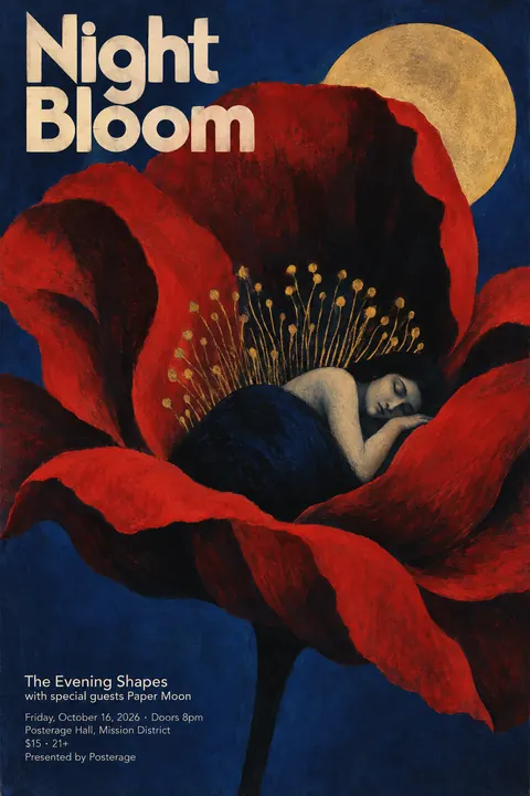 Polish Poster School style poster for a fictional event called Night Bloom