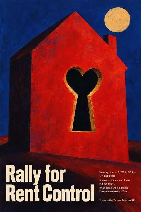 Polish Poster School style event poster for a fictional protest: Rally for Rent Control