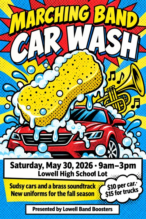 Pop Art style event poster for a fictional fundraiser: Marching Band Car Wash