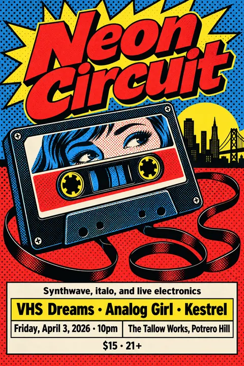 Pop Art style poster for a fictional event called Neon Circuit