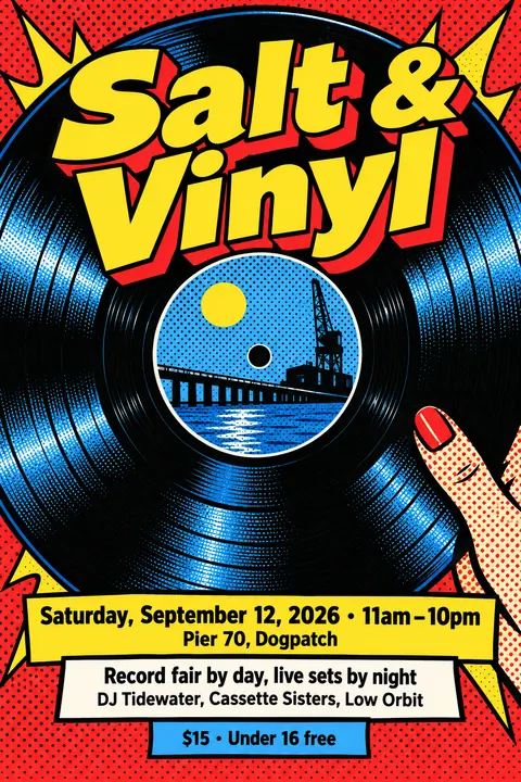 Pop Art style event poster for a fictional festival: Salt & Vinyl
