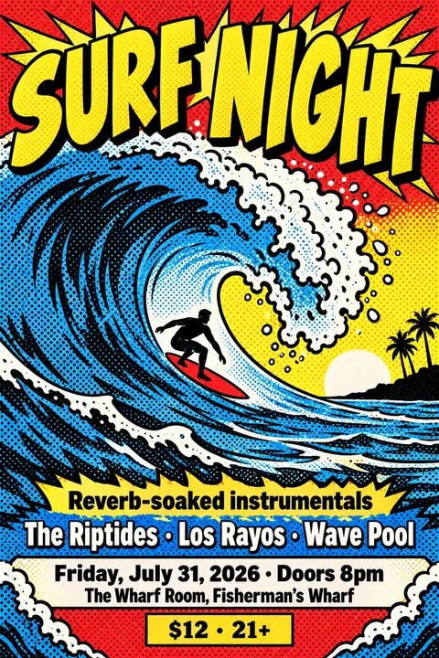 Pop Art style poster for a fictional event called Surf Night