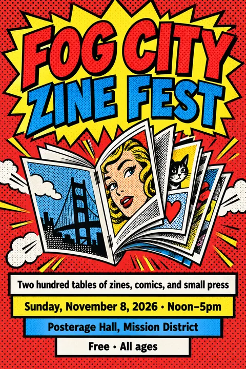 Pop Art style poster for a fictional event called Fog City Zine Fest
