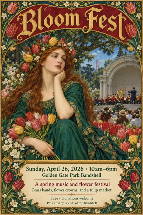 Pre-Raphaelite Illustration style event poster for a fictional festival: Bloom Fest