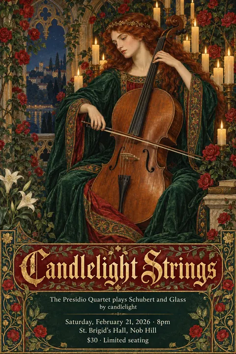 Pre-Raphaelite Illustration style poster for a fictional event called Candlelight Strings