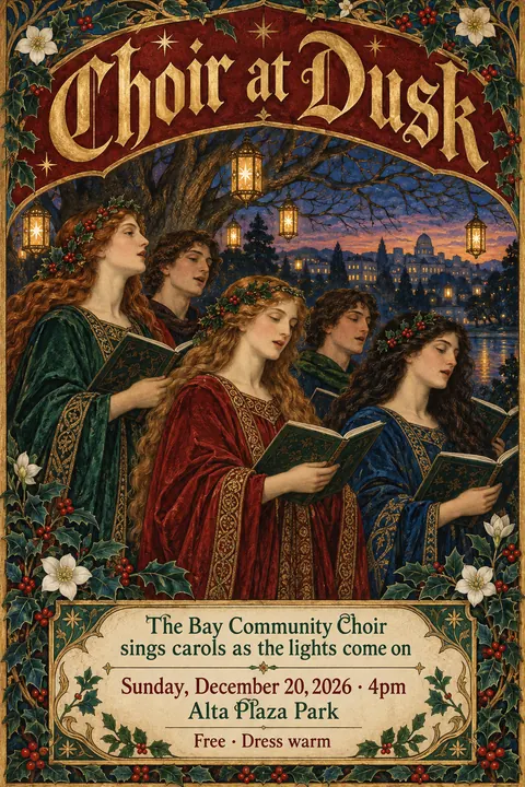 Pre-Raphaelite Illustration style poster for a fictional event called Choir at Dusk
