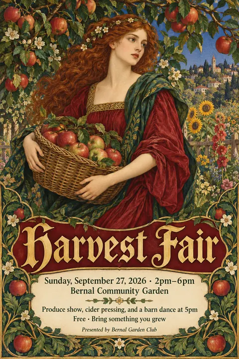 Pre-Raphaelite Illustration style poster for a fictional event called Harvest Fair