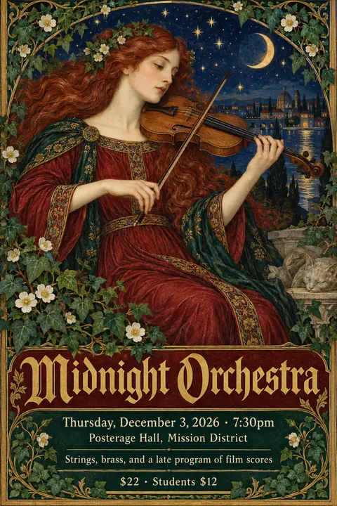 Pre-Raphaelite Illustration style poster for a fictional event called Midnight Orchestra