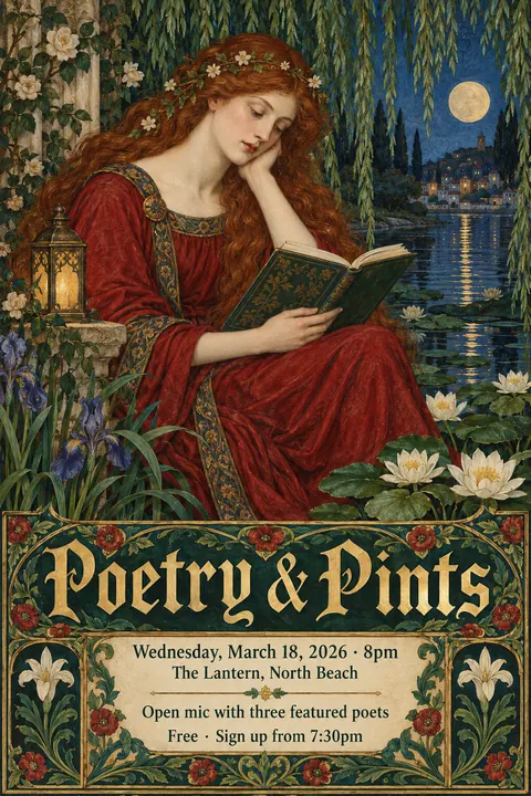 Pre-Raphaelite Illustration style poster for a fictional event called Poetry & Pints