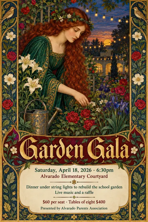 Pre-Raphaelite Illustration style event poster for a fictional fundraiser: Garden Gala