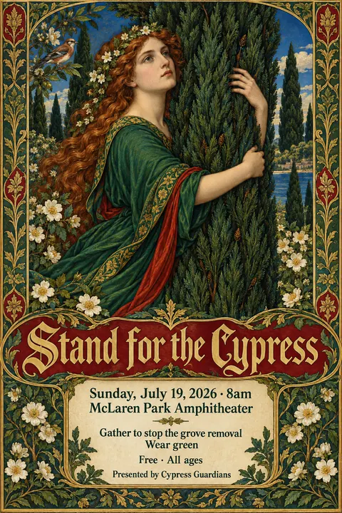 Pre-Raphaelite Illustration style event poster for a fictional protest: Stand for the Cypress