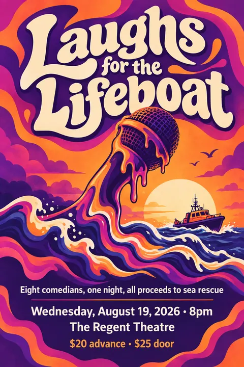 Psychedelic style event poster for a fictional fundraiser: Laughs for the Lifeboat