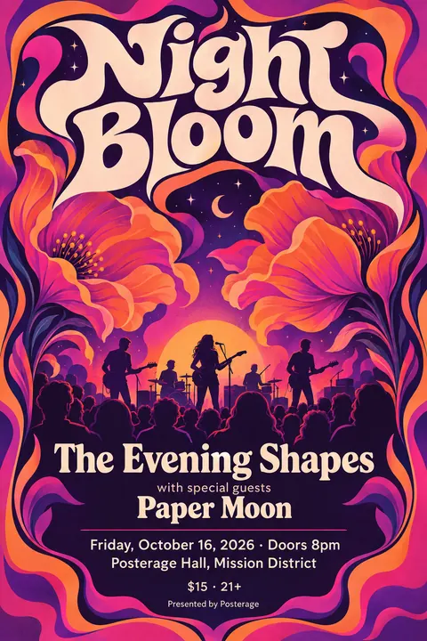 Psychedelic style poster for a fictional event called Night Bloom