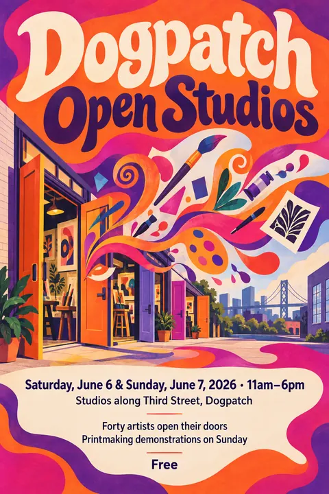 Psychedelic style poster for a fictional event called Dogpatch Open Studios