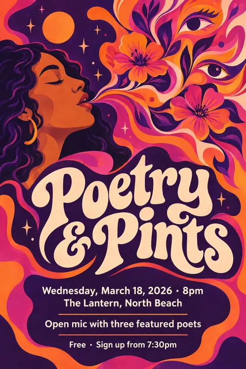 Psychedelic style poster for a fictional event called Poetry & Pints