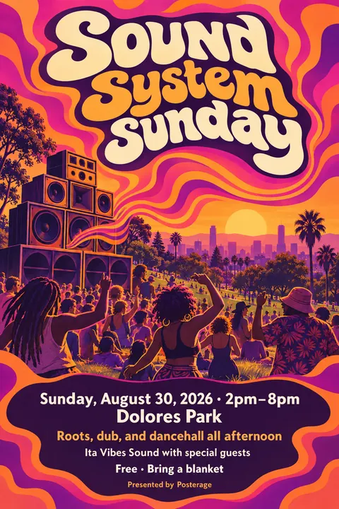 Psychedelic style poster for a fictional event called Sound System Sunday