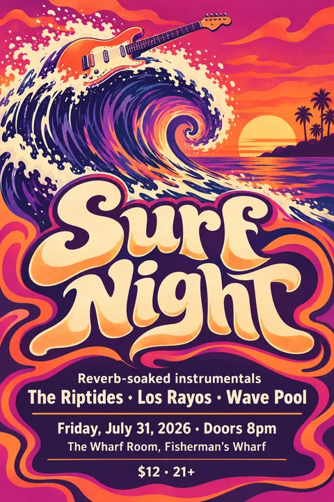 Psychedelic style poster for a fictional event called Surf Night