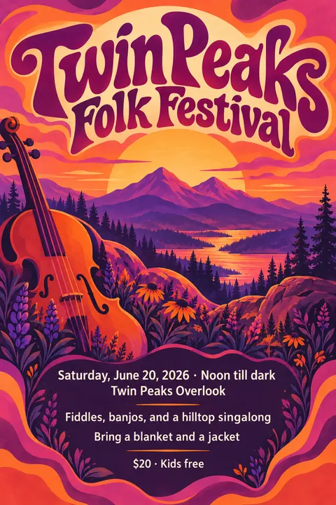 Psychedelic style event poster for a fictional festival: Twin Peaks Folk Festival