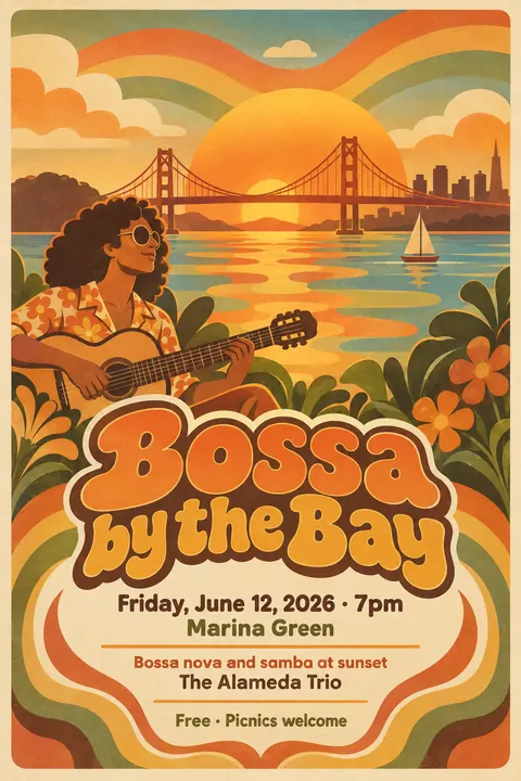 Psychedelic Seventies Corporate style poster for a fictional event called Bossa by the Bay