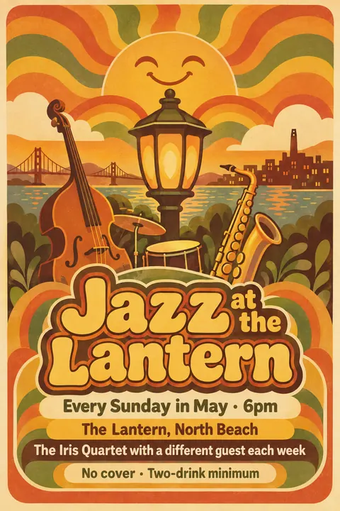 Psychedelic Seventies Corporate style poster for a fictional event called Jazz at the Lantern