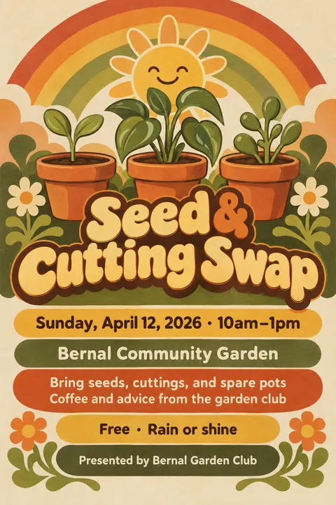 Psychedelic Seventies Corporate style poster for a fictional event called Seed & Cutting Swap