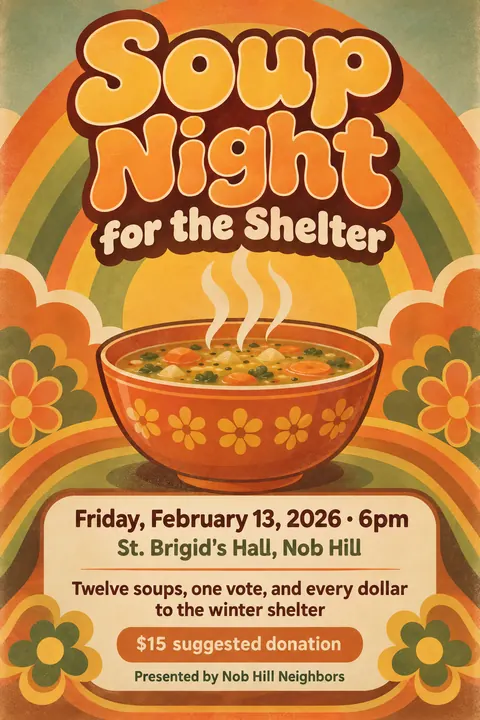 Psychedelic Seventies Corporate style event poster for a fictional fundraiser: Soup Night for the Shelter