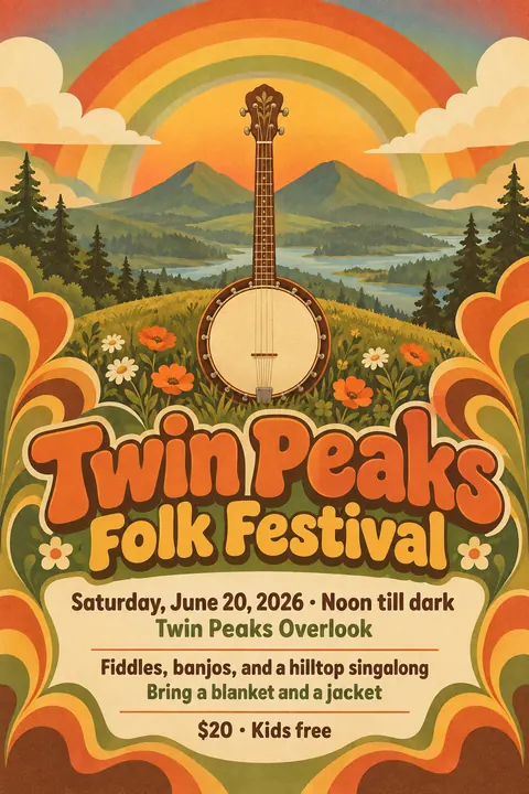 Psychedelic Seventies Corporate style event poster for a fictional festival: Twin Peaks Folk Festival