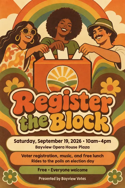 Psychedelic Seventies Corporate style event poster for a fictional protest: Register the Block