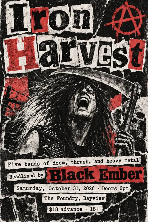 Punk Photocopied Fanzine style poster for a fictional event called Iron Harvest