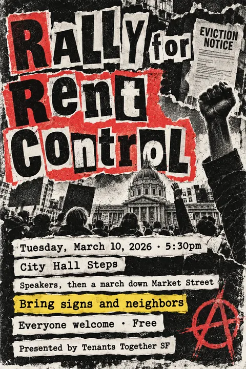 Punk Photocopied Fanzine style event poster for a fictional protest: Rally for Rent Control