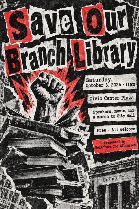 Punk Photocopied Fanzine style poster for a fictional event called Save Our Branch Library