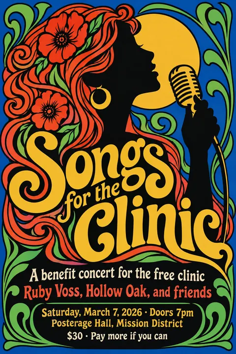 Push Pin Studios style event poster for a fictional fundraiser: Songs for the Clinic