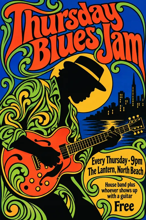 Push Pin Studios style poster for a fictional event called Thursday Blues Jam