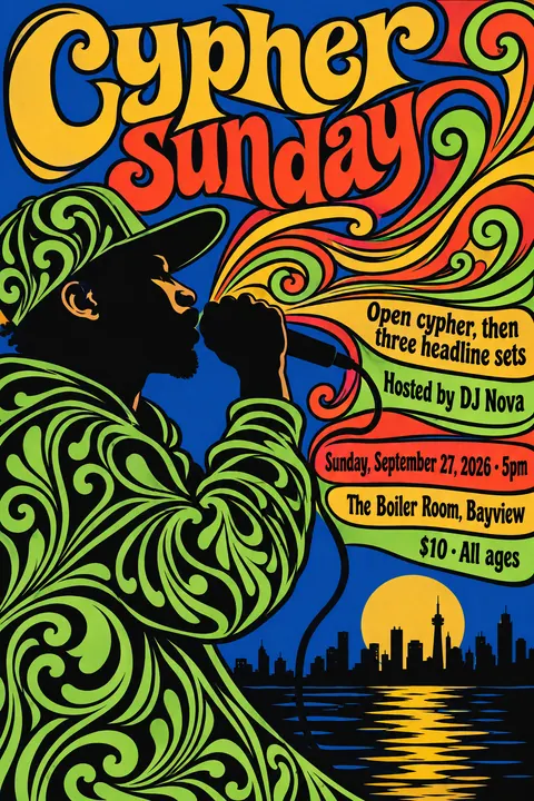 Push Pin Studios style poster for a fictional event called Cypher Sunday