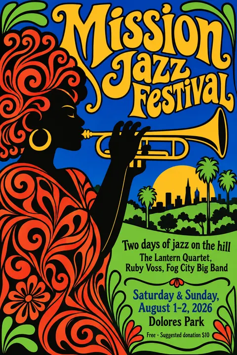 Push Pin Studios style event poster for a fictional festival: Mission Jazz Festival