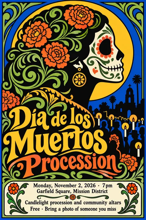 Push Pin Studios style poster for a fictional event called Día de los Muertos Procession
