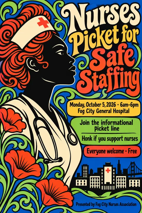 Push Pin Studios style event poster for a fictional protest: Nurses Picket for Safe Staffing