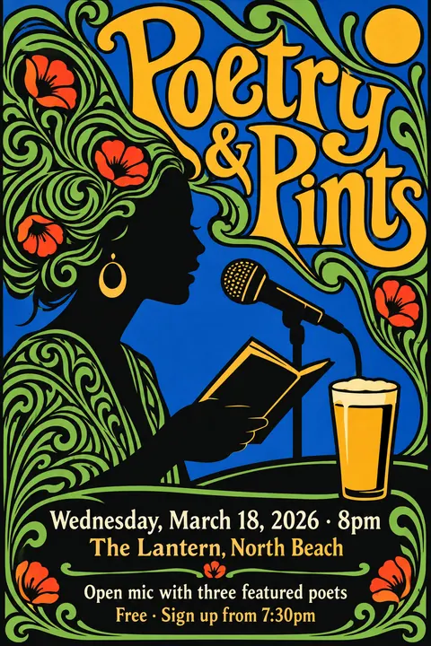 Push Pin Studios style poster for a fictional event called Poetry & Pints