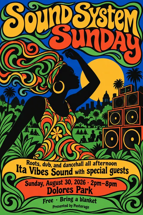 Push Pin Studios style poster for a fictional event called Sound System Sunday