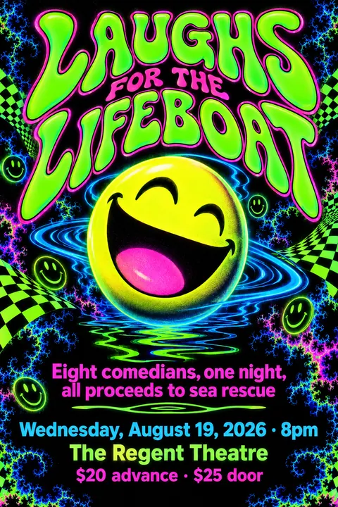90s Rave / Acid Graphics style event poster for a fictional fundraiser: Laughs for the Lifeboat