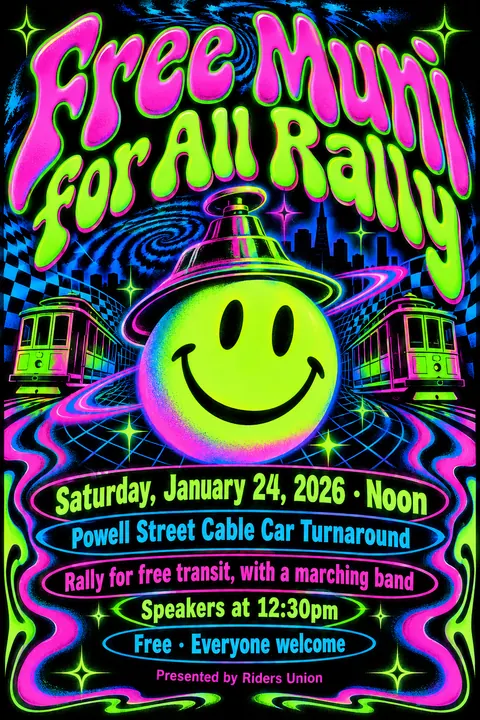 90s Rave / Acid Graphics style event poster for a fictional protest: Free Muni for All Rally