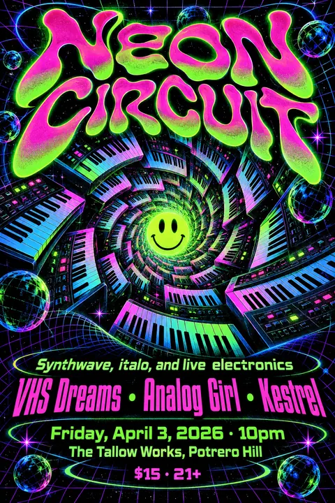 90s Rave / Acid Graphics style poster for a fictional event called Neon Circuit