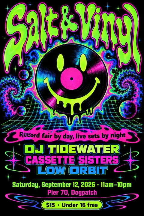 90s Rave / Acid Graphics style event poster for a fictional festival: Salt & Vinyl