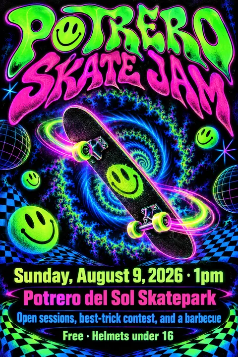 90s Rave / Acid Graphics style poster for a fictional event called Potrero Skate Jam