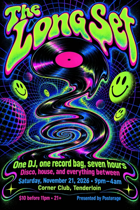 90s Rave / Acid Graphics style poster for a fictional event called The Long Set