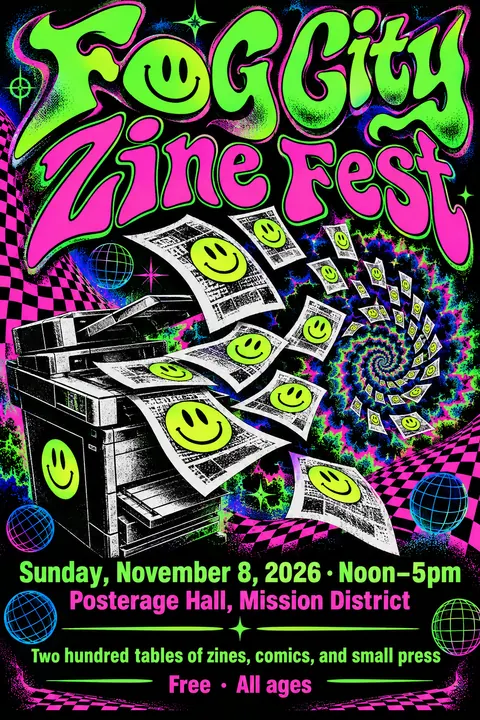 90s Rave / Acid Graphics style poster for a fictional event called Fog City Zine Fest