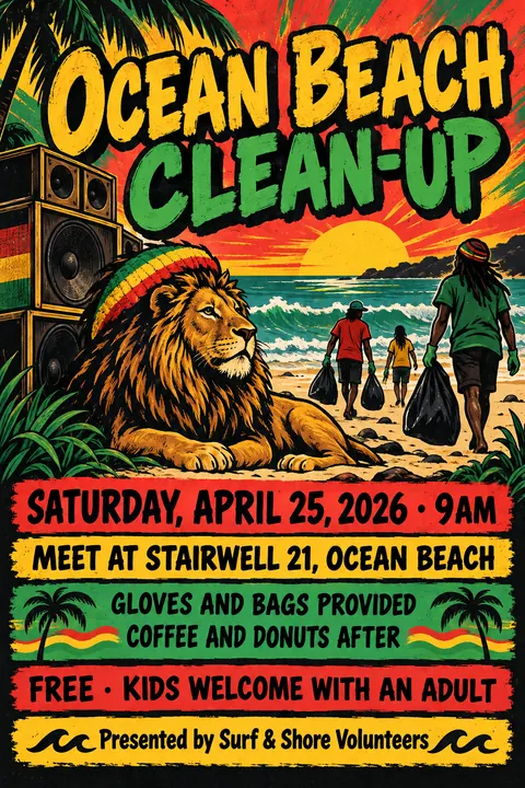 Reggae / Sound System Flyer style poster for a fictional event called Ocean Beach Clean-up